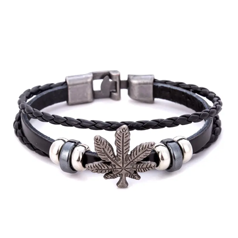 Western Hot Sales Braided Leather Bracelet Multi Layers Maple Leaves Leather Steel Man Bracelet