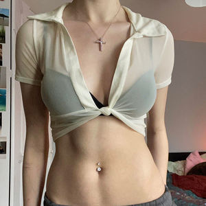 Blusa de punto de malla transparente transpirable de manga corta estilo coqueta sexy de verano, ajustada, de color liso con estampado digital - Product Image 2