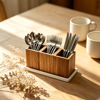 Porte-ustensiles de cuisine en bois d'acacia Natural House, ensemble de 3 supports à couverts avec plateau en marbre