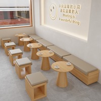 Banc de café modulaire en chêne massif, taupe, avec coussin de dossier et tables et chaises rondes assorties pour café, librairie