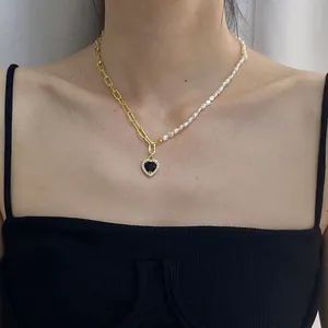 Fashion Brass Natural Freshwater Pearl Black Onyx Diamond Heart Pendant Paperclip Necklace Women