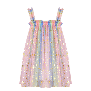 Vestito da Festa per Bambine Estivo Traspirante Ecologico con Paillettes Arcobaleno Sfumato Stampa Stelle in Tulle Stile A-Line ODM da Fata <span class=keywords><strong>Principessa</strong></span> - Product Image 3