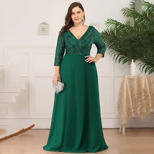 Wholesale Plus Size Long Dress V-Neck Chiffon Patchwork Elegant Prom Dress Women's Sequin Party Evening Dress