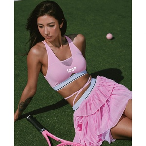 Custom 2pcs Women's High Strength Shock-Proof Breathable 4-way Stretch Cross Strap Gym Fitness Tennis Bra Skirts Set Sexy <b>Back</b> - Product Image 1