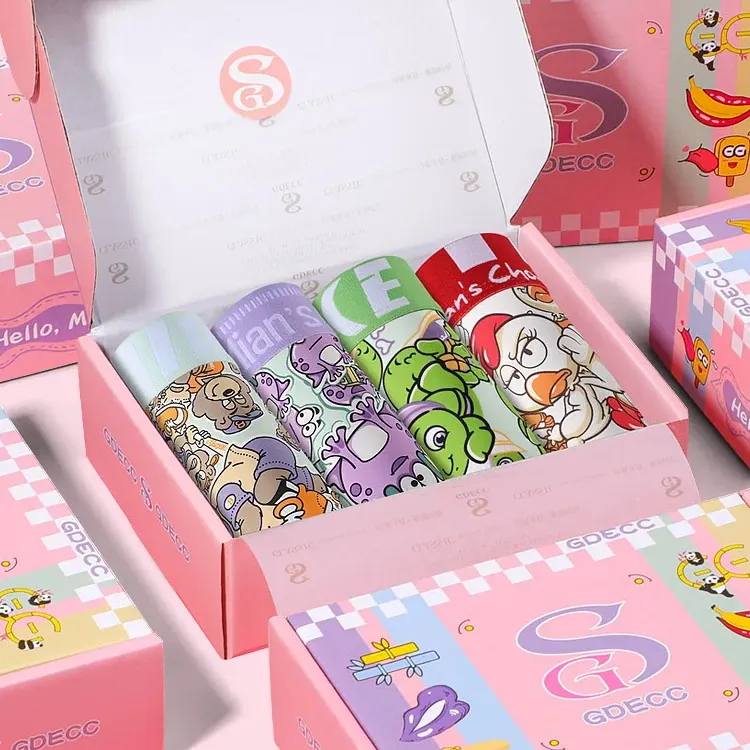 공장 도매 4 PCS 핑크 사각 얼음 실크 실크 통기성 동물 만화 인쇄 속옷 선물 상자