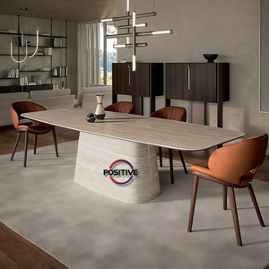 Table à manger avec plateau en pierre frittée et pieds en contreplaqué, finition <span class=keywords><strong>effet</strong></span> marbre, design contemporain élégant, Mesa De Comedor - Product Image 3