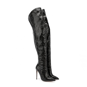 Bottes de mode pour femme, longues, au-dessus du genou, à talon fin et haut, bout pointu, avec fermeture éclair arrière, imprimé pierre, hiver, taille 47 - Product Image 6