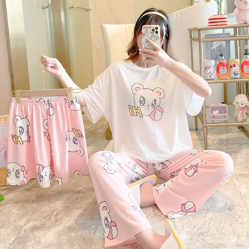 Sommer Frauen koreanische Nachtwäsche Cartoon Animation gedruckt Casual Home Wear Kurzarm Shorts Hose 3Pcs Sets Pyjamas für Lad