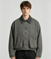 Blouson Bomber Homme Tendance 2027 – Veste de Travail Brodé Printemps Effet Vieilli 100% Coton avec Col en Velours Côtelé et Poches Cargo – Haut de Gamme