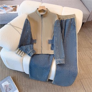 Jeans Suit with <strong>Patchwork</strong> <strong>Top</strong>, New Style Casual Wide-leg Long Pants, Two-piece Set for Spring and Autumn. - Product Image 5