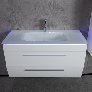 Meuble de salle de bain moderne avec cadre mural sans cadre, éclairage LED, en céramique avec lavabo en verre - Product Image 2