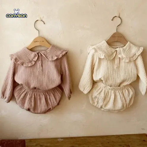Vestiti Conyson neonata per bambine in cotone biologico con colletto arruffato con colletto a maniche lunghe Top + pantaloni di pane coreano abbigliamento Casual