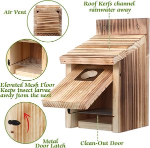 Nichoirs en bois écologiques avec entrée, protection métallique contre les prédateurs, loquet sécurisé, rainures pour jeunes oiseaux, nichoir en cèdre pour passerois bleus toutes saisons - Product Image 4
