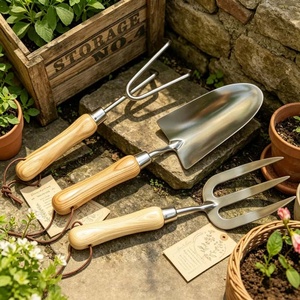 Kit d'outils de jardinage en acier inoxydable avec truelle à manche en bois, outil de désherbage, support pour outils de jardin et présentoir pour pelles de jardin - Product Image 2