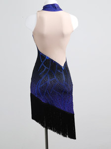 Nouvelle Robe de Danse Latine Noire et Bleue pour Femme 2026, Entièrement Ornée de Diamants, Coupe Ajustée, à Franges, pour Performance Professionnelle Adulte, en Soie/Coton, En Stock - Product Image 5