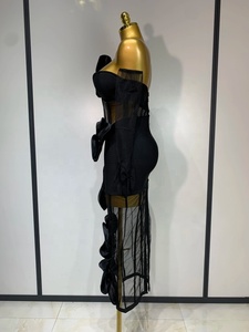 Abito Bodycon da Donna <span class=keywords><strong>con</strong></span> Fascia, Monospalla, Fiocco, Rete Trasparente, Nero, Senza Maniche, <span class=keywords><strong>con</strong></span> <span class=keywords><strong>Guanti</strong></span>, Elegante per Feste e Compleanni, <span class=keywords><strong>Vestito</strong></span> Sexy - Product Image 3