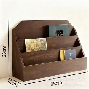 Handmade Wooden <b>Desktop</b> Bookshelf Journal <b>Shelf</b> Coffee Brown Rectangle Standing Type Office Organizer For Notebook Diary Storage - Product Image 4