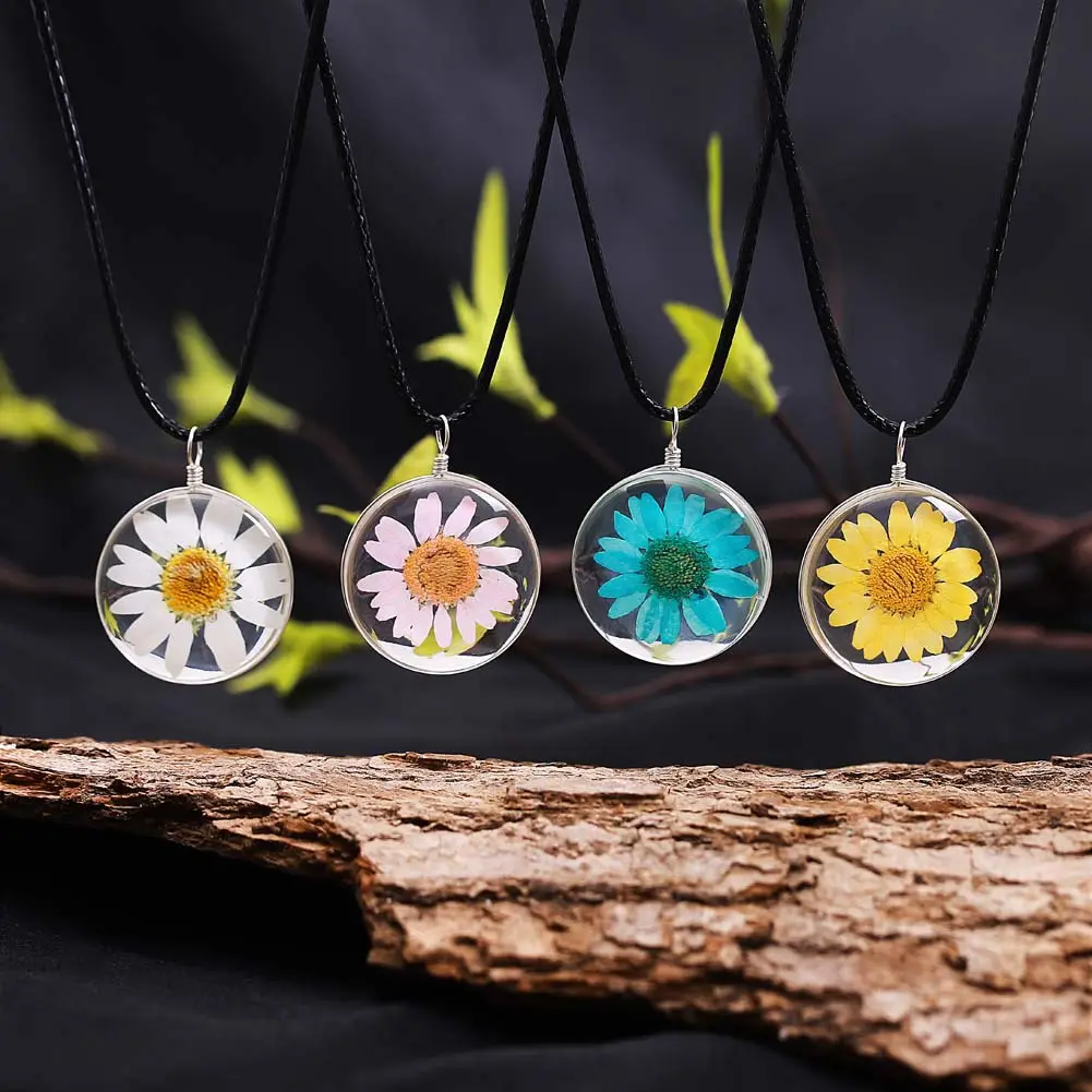 Time Gem Dried Flower Necklace Crystal Glass Pendant Handmade DIY Resin Cowhide Sweater Chain Necklace