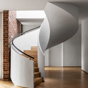 <span class=keywords><strong>Escalier</strong></span> incurvé personnalisé en usine de Shenzhen-Intérieur moderne en acier de <span class=keywords><strong>style</strong></span> spirale avec garde-corps en verre Bandes de roulement en bois - Product Image 1