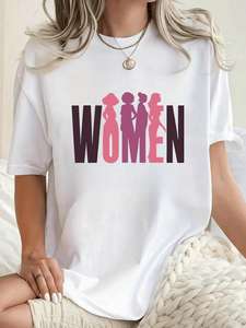 T-Shirt Casual da Donna, Maniche Corte, Collo Tondo, Stampa in Jersey di Cotone, Vestibilità Regolare, Motivo con Lettere, Primavera Estate - Product Image 3