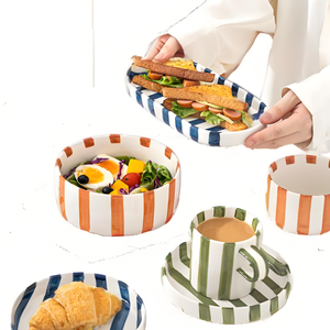 Nuevo plato redondo de cerámica a rayas de colores clásicos cuencos y platos gruesos a rayas <span class=keywords><strong>verticales</strong></span> - Product Image 1