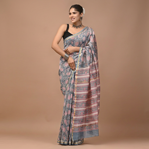 Sari en soie Chanderi pure imprimé à la main avec pièce de blouse – Sari élégant en soie Chanderi pure – Vêtement ethnique imprimé à la main - Product Image 1