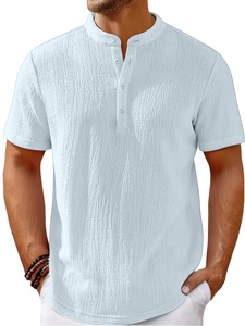 Camicia Casual da Uomo a Maniche Corte Henley a Righe in Poliestere Stile Retrò Senza Stiratura, Novità 2025 per il Commercio Transfrontaliero su Wish - Product Image 3