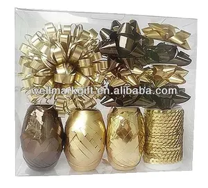 Luxury Gold Chocolate Metallic Christmas Gift Card Box Wrapping Decoration Poly Curling Ribbon Bow Gift Wrap Accessory Pack