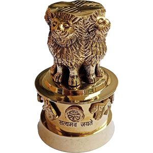 PARIJAT HANDICRAFT Estatua de latón Ashoka Stambh Pilar Cuatro Leones Satyamev Jayete Escritorio adornado Peso de papel Escultura nacional - Product Image 1