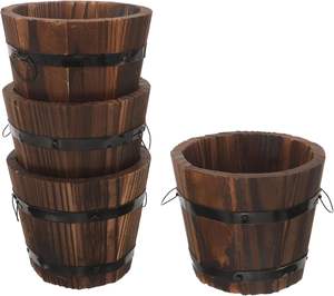 Jardinières de baril <span class=keywords><strong>en</strong></span> <span class=keywords><strong>bois</strong></span> rustiques 4 pièces petit <span class=keywords><strong>Mini</strong></span> seau à whisky Pots de fleurs avec poignées pour jardin extérieur décor intérieur - Product Image 6