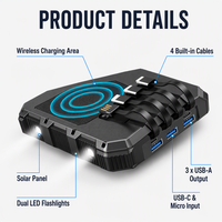 Batterie au lithium polymère de 36800 mAh alimentée par l'énergie solaire, en plastique, étanche à la poussière, chargeur portable, type C, USB, charge sans fil
