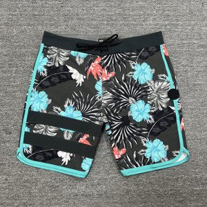 Shorts de bain pour hommes à motif floral, séchage rapide, avec cordon de serrage et bande latérale, tenue de plage décontractée, longueur courte, taille mi-haute - Product Image 1