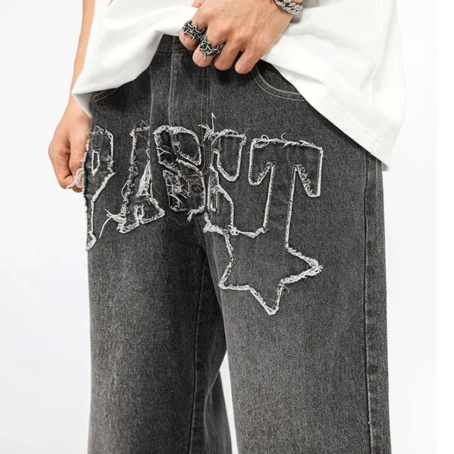 RUYI Custom men baggy jeans men embroidery patch denim jeans trousers
