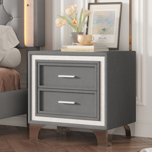 Mid Century Vintage Nightstand With Silver Glitter Strip Metal Legs Velvet <b>Bedside</b> Table 2 Drawers <b>Storage</b> Drawer - Product Image 3
