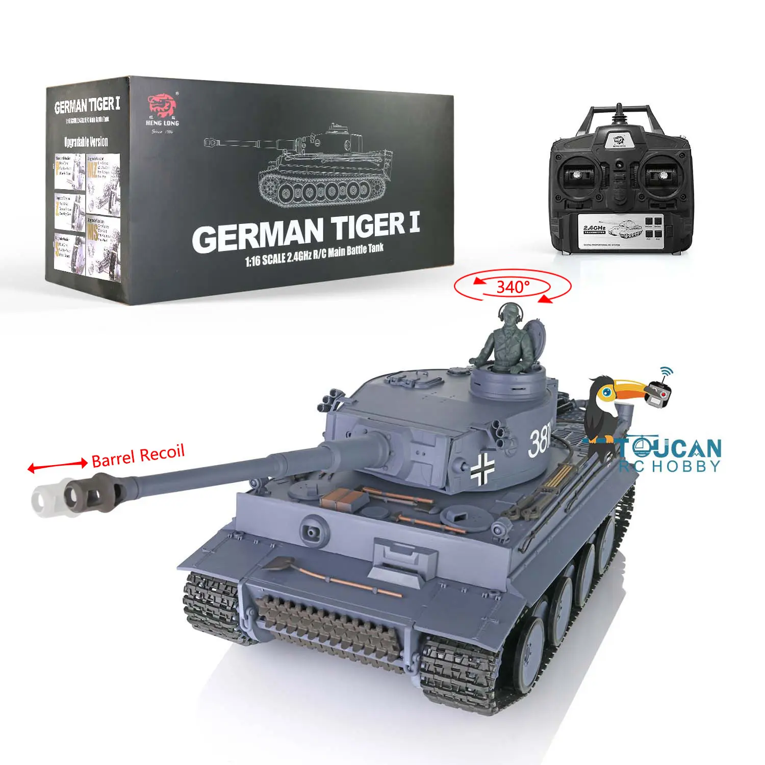Jouets 1/16 2.4Ghz HENG LONG 7.0 German Tiger I RC Tank 3818 Barrel Recoil BB Airsoft Smoke