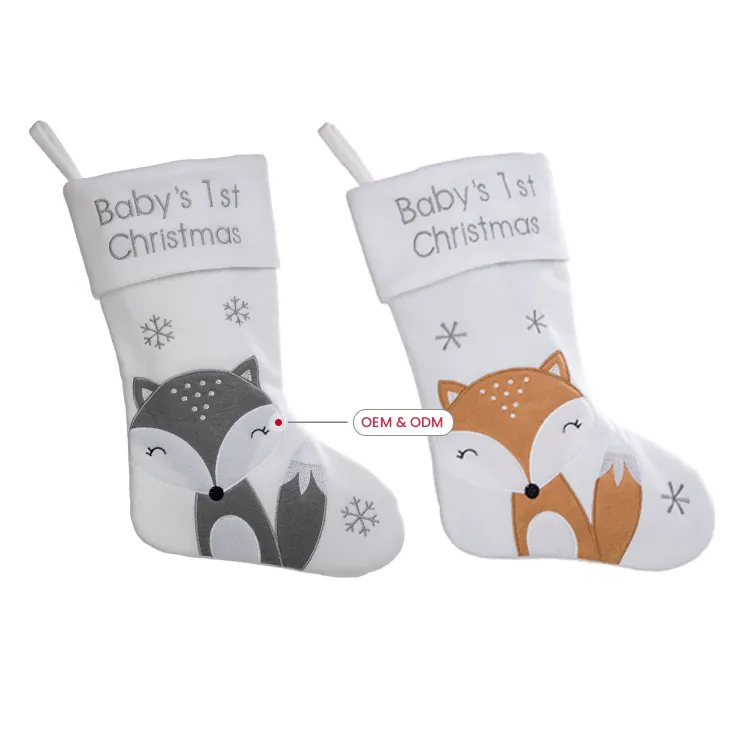New Arrival Baby Kids Memorial Gift Durable and Soft Cute Fox Pattern Cartoon Christmas Stocking with Snowflakes