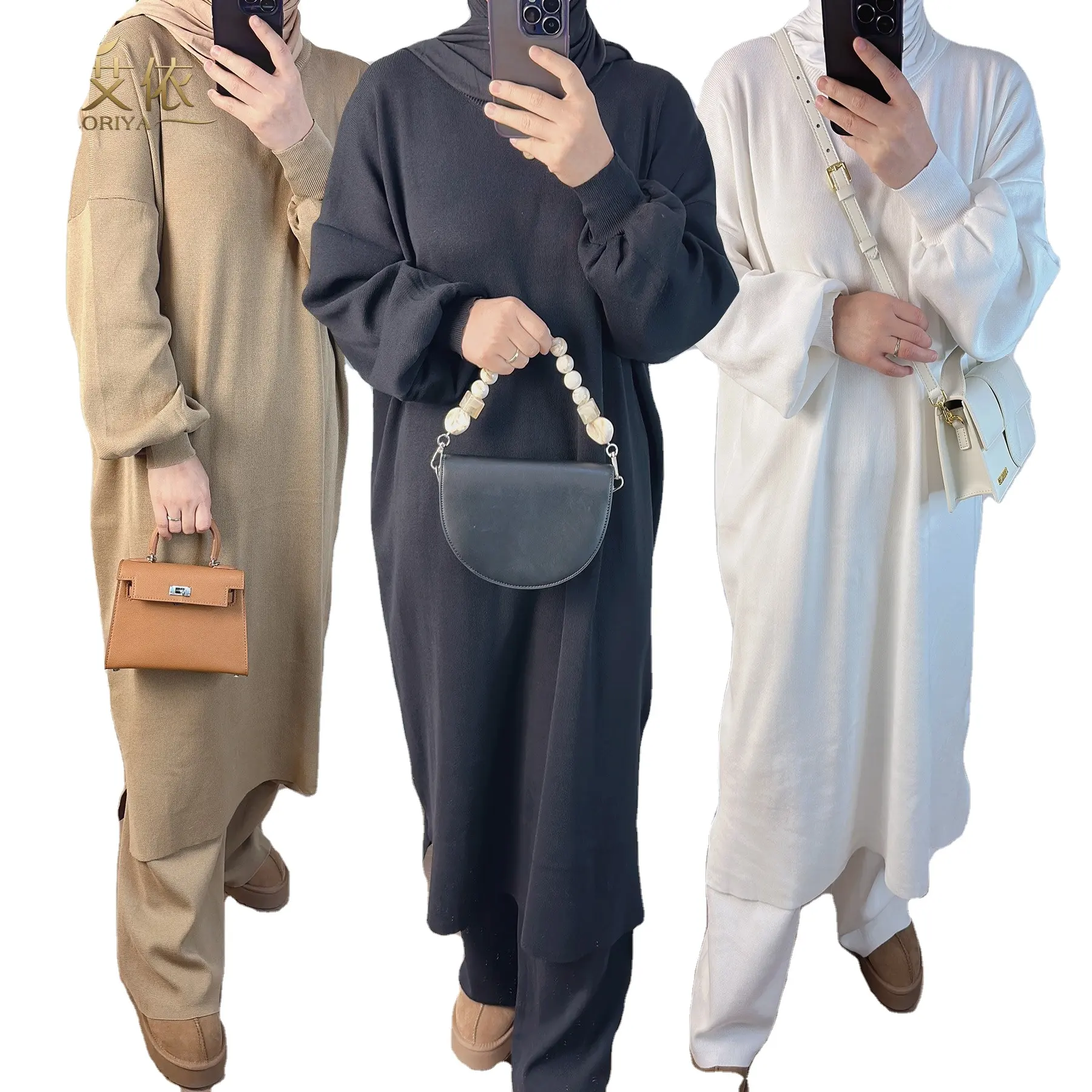 2024 Islamitische 2 Stuk Winter Abaya Gebreide Robe Pant Abaya Set Moslim Vrouwen Traditionele Bescheiden Mode Kantoor Kleding Trui