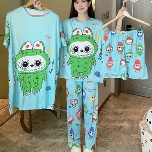 Conjunto de Pijamas Femininos de 4 Peças para o Verão com Camiseta de Manga Curta e Calças com Estampa de Desenhos Animados - Product Image 4