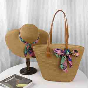 Wholesale Unisex Floppy Paper Beach <b>Bag</b> with Flower & Bowknot <b>Hat</b> Travel Summer Vacation <b>Bag</b> and <b>Hat</b> Set - Product Image 1