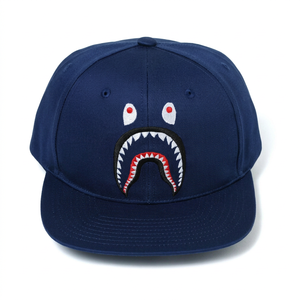 Casquette Snapback Bleue à 6 Panneaux avec Broderie Motif Bouche de Requin sur le Panneau Avant, Unisexe, Style Urbain, Chapeau Ajusté, Effet Délavé, 100% Coton - Product Image 1