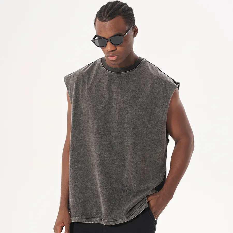 Custom Streetwear Print 100% Cotton Black Sleeveless Blank T Shirts With Custom Logo Acid Wash Vintage Tshirt