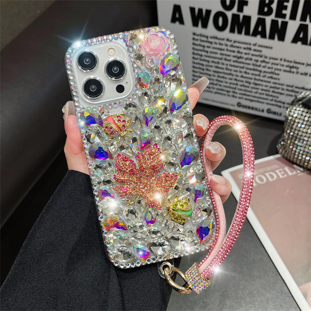 For Apple iPhone 17 Pro phone case maple leaf rhinestones for iPhone 16 full rhinestones luxury xsmax bracelet 15 protection 14