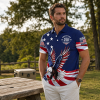 Polo à manches courtes pour homme avec motif d'aigle du drapeau américain, col rabattu, boutons, polo de golf pour la vente en gros, personnalisation OEM ODM