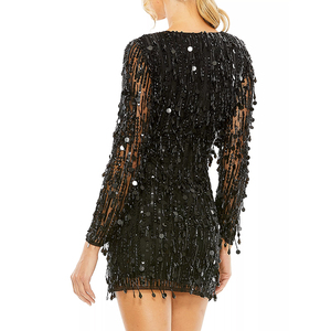 Vestido Mini Personalizado para Mujer con Decoración de Lentejuelas, Cuello en V Brillante, Manga Larga, Flecos con Cuentas para Fiestas, Moda y Diversión - Product Image 2