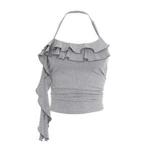 เสื้อกล้ามครอป Viviblook รุ่น C26TP052 สำหรับฤดูร้อน ดีไซน์ใหม่สำหรับผู้หญิง สีพื้น แต่งระบายขอบ ทรงเข้ารูป สั้นแบบผูกคอ - Product Image 6