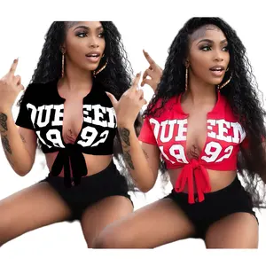 2022 summer short sleeve red color letter print women crop top t shirt cardigan ladies new arrivals clothing outfits clothes