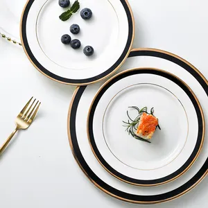 Western Royal Bone China Dish Plate Serving Set Porcelain White with Black Golden Rim Wedding Party Decoration Charger Plates