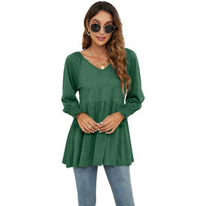 Wholesale Women's Korean Style Breathable Cotton Knitted V-Neck Puff <b>Sleeves</b> <b>Long</b>-Sleeved <b>Tunic</b> <b>Top</b> for Office All Seasons - Product Image 4