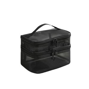 Sac de maquillage en maille double couche avec fermeture éclair Sacs de toilette de voyage Portable Cosmetic Bag Mesh Organizer - Product Image 1