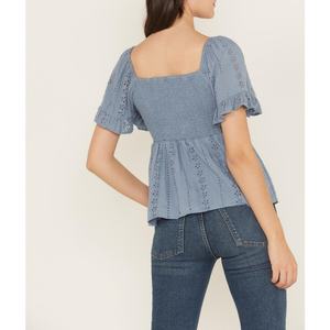 Nueva Llegada, Precio Bajo, Blusa Casual con Aberturas, Camisa Simple con Mangas Cortas Abullonadas y Cuello en V, Blusas de Algodón para Mujer, OOTD - Product Image 4